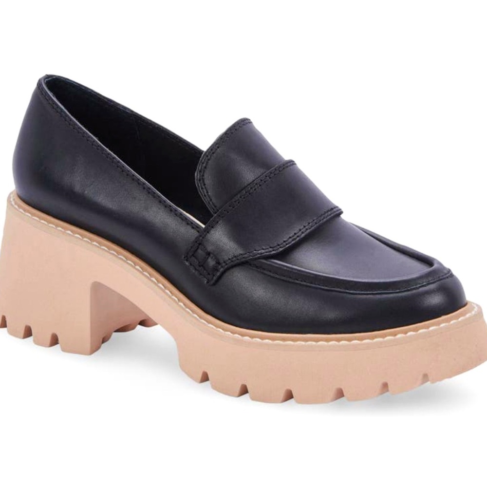 Dolce Vita Black Leather Loafer  Chunky Platform Block Heel Lug Sole Size 10